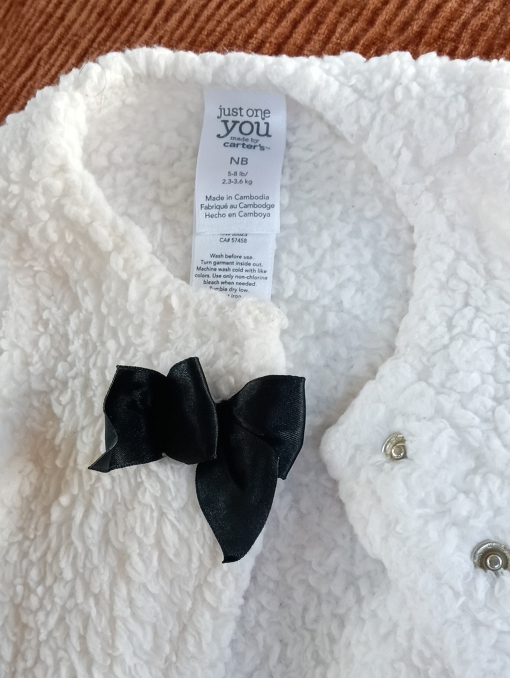 Just One You by Carter's White Sherpa Jacket with Black Bow (NB)